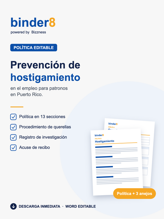 Política de prevención de hostigamiento en el empleo para patronos en Puerto Rico, plantilla editable de Binder8