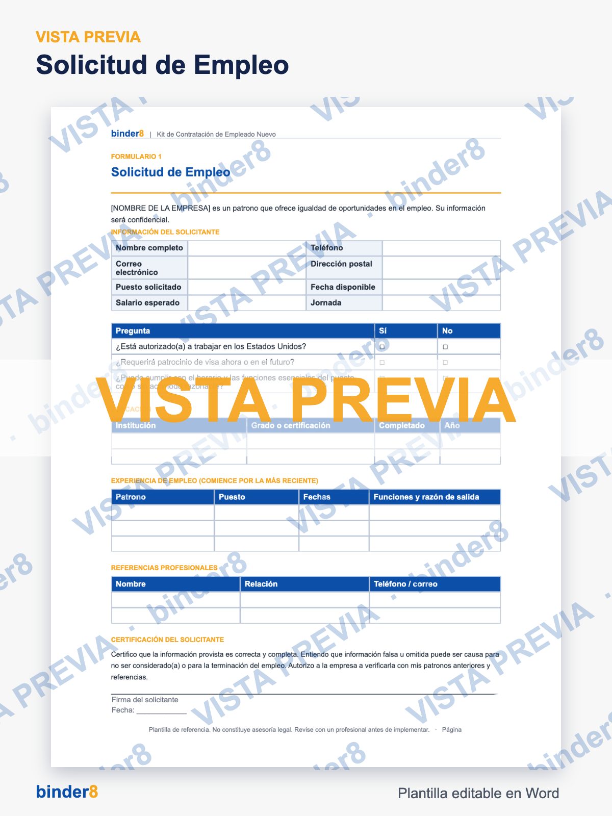 Vista previa con marca de agua: Solicitud de Empleo – Kit de Contratación de Empleado Nuevo