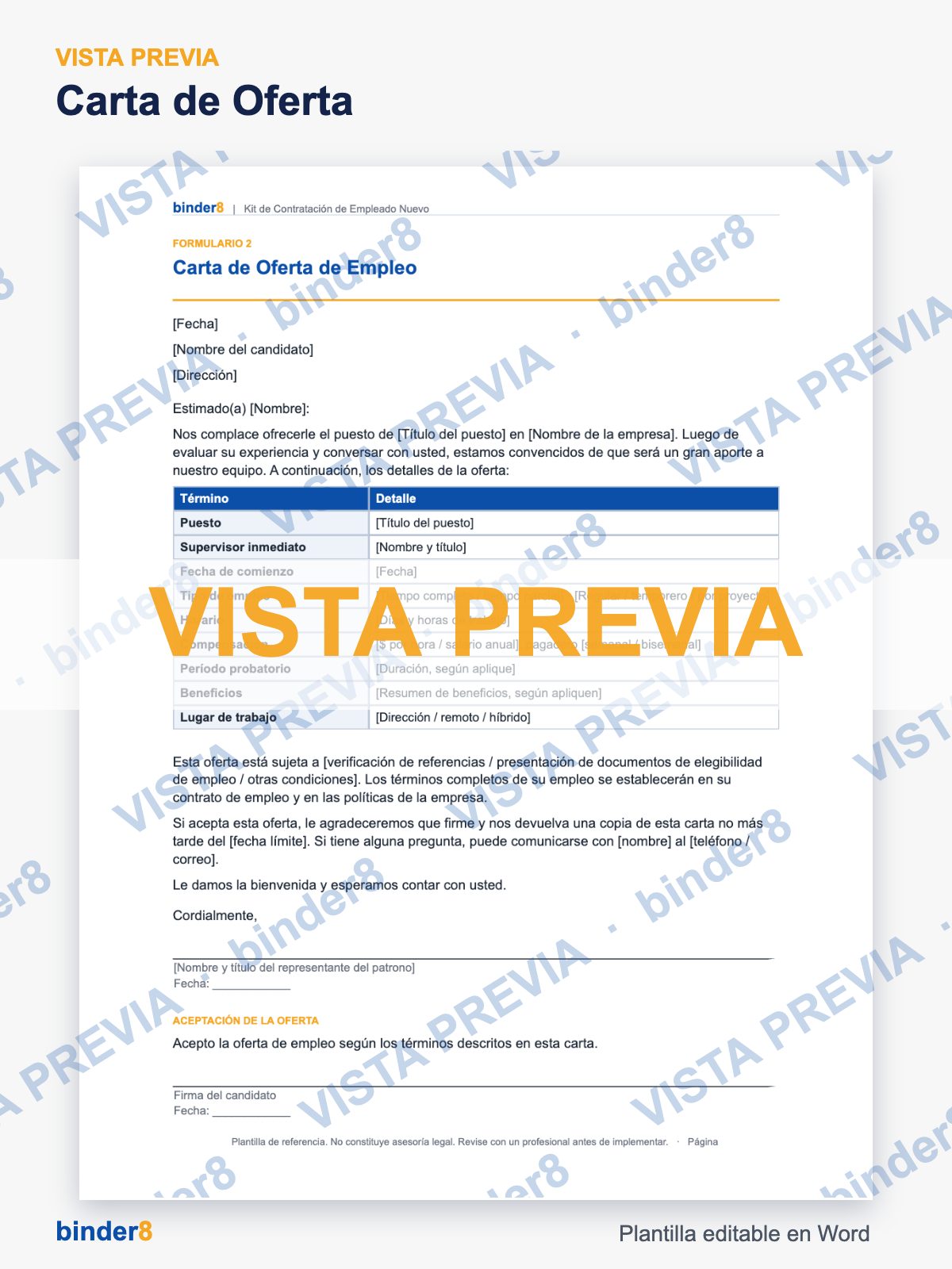 Vista previa con marca de agua: Carta de Oferta – Kit de Contratación de Empleado Nuevo