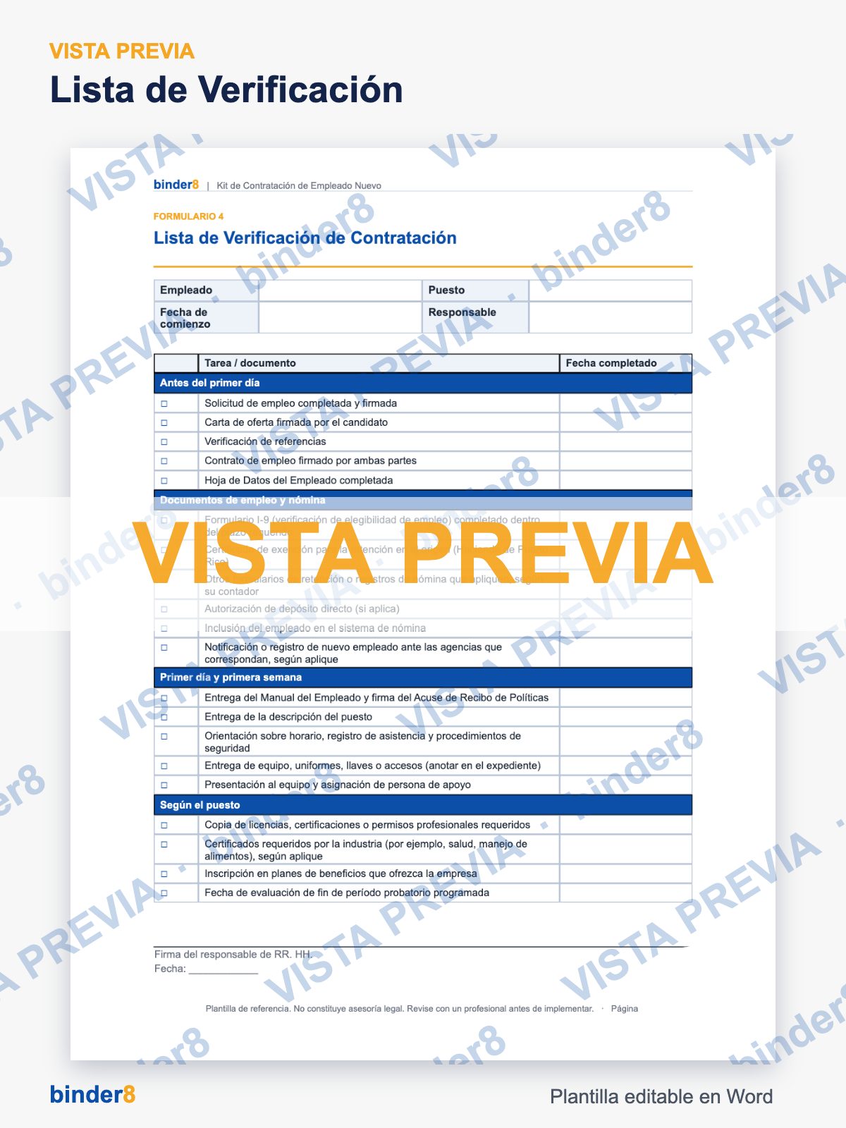 Vista previa con marca de agua: Lista de Verificación – Kit de Contratación de Empleado Nuevo