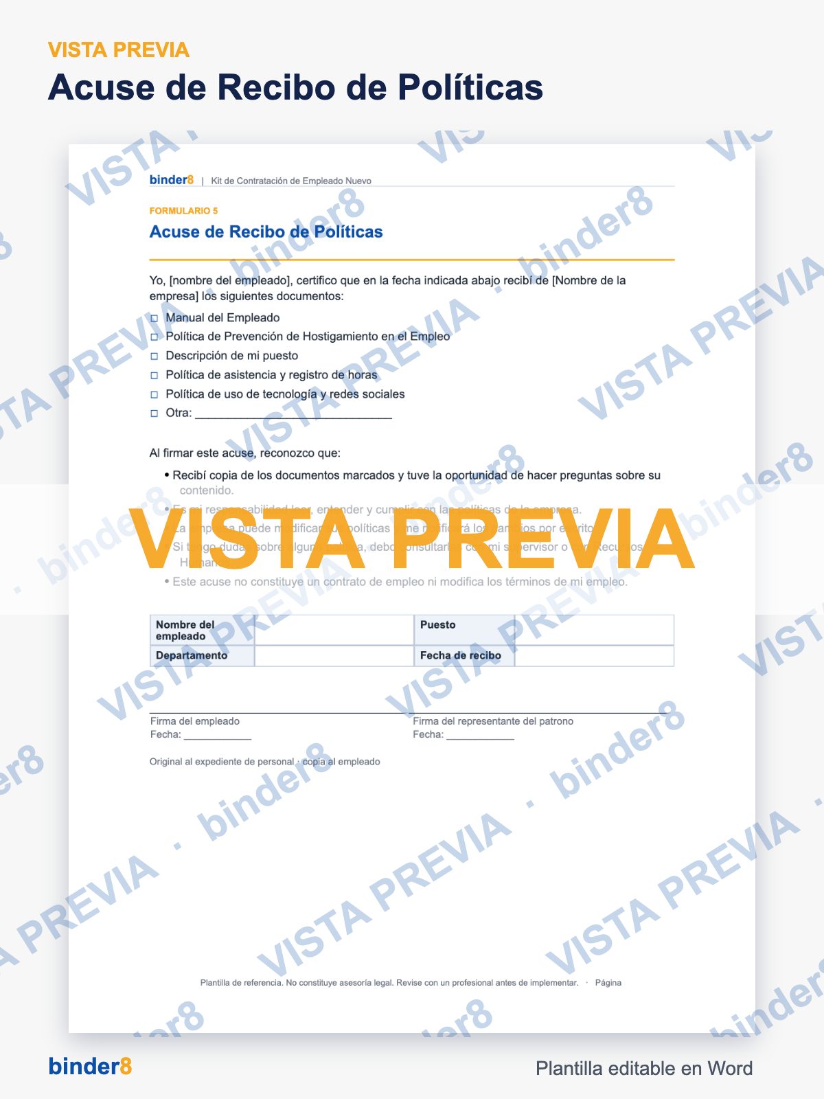 Vista previa con marca de agua: Acuse de Recibo de Políticas – Kit de Contratación de Empleado Nuevo