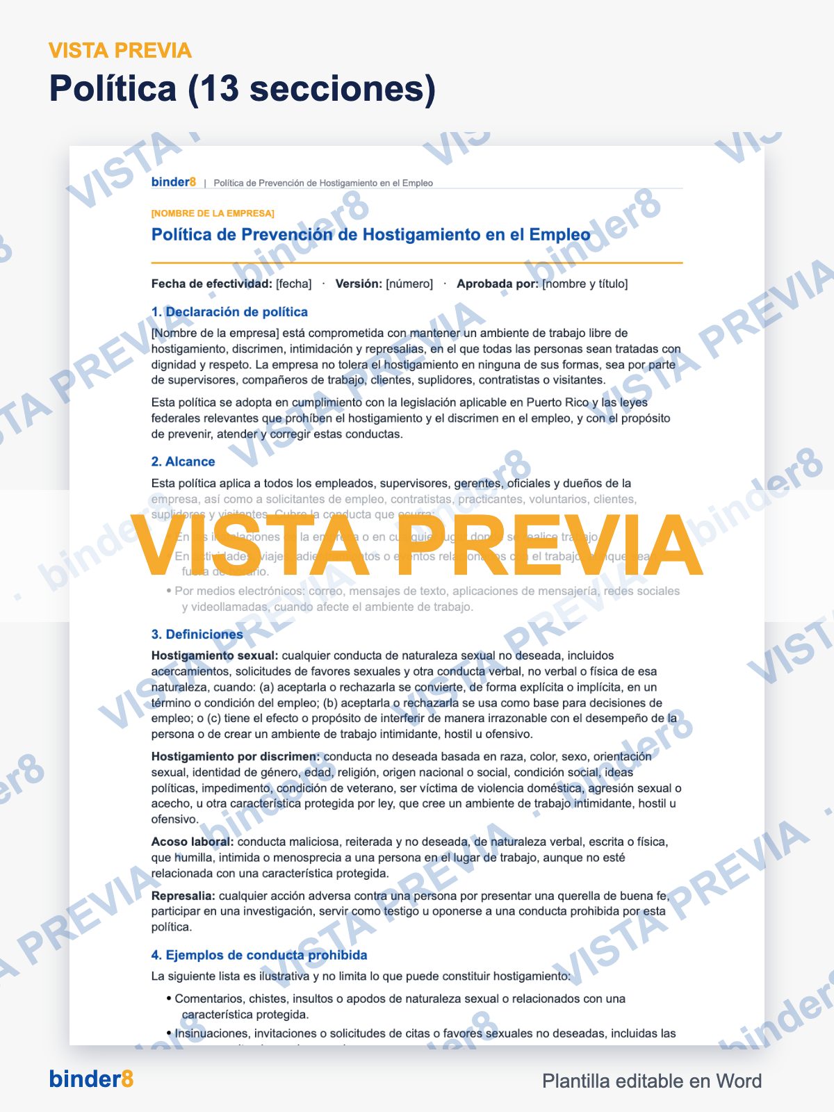 Vista previa con marca de agua: Política (13 secciones) – Política de Prevención de Hostigamiento en el Empleo