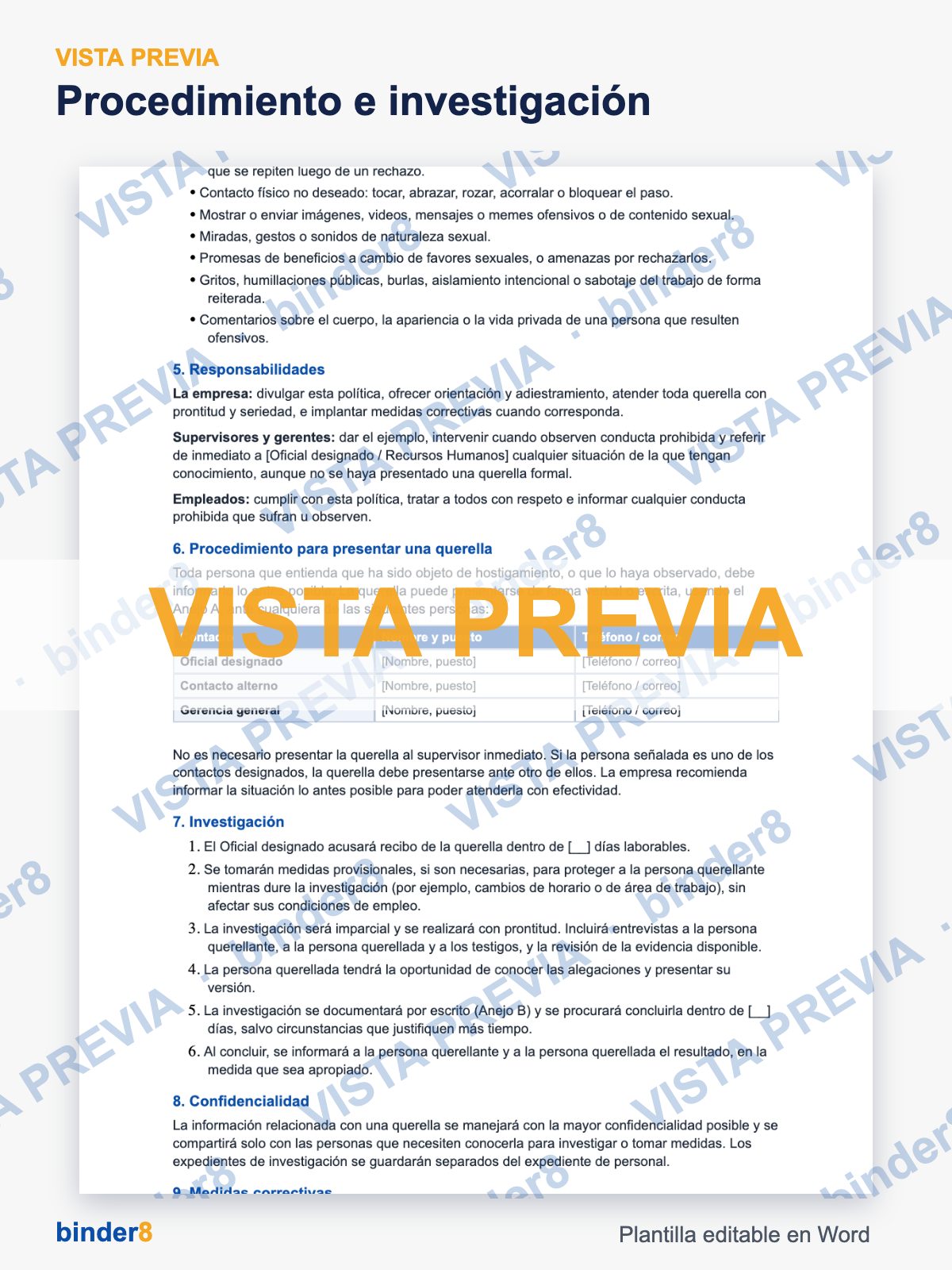 Vista previa con marca de agua: Procedimiento e investigación – Política de Prevención de Hostigamiento en el Empleo
