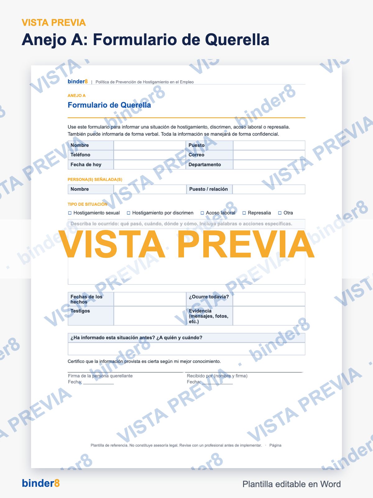 Vista previa con marca de agua: Anejo A, Formulario de Querella – Política de Prevención de Hostigamiento en el Empleo