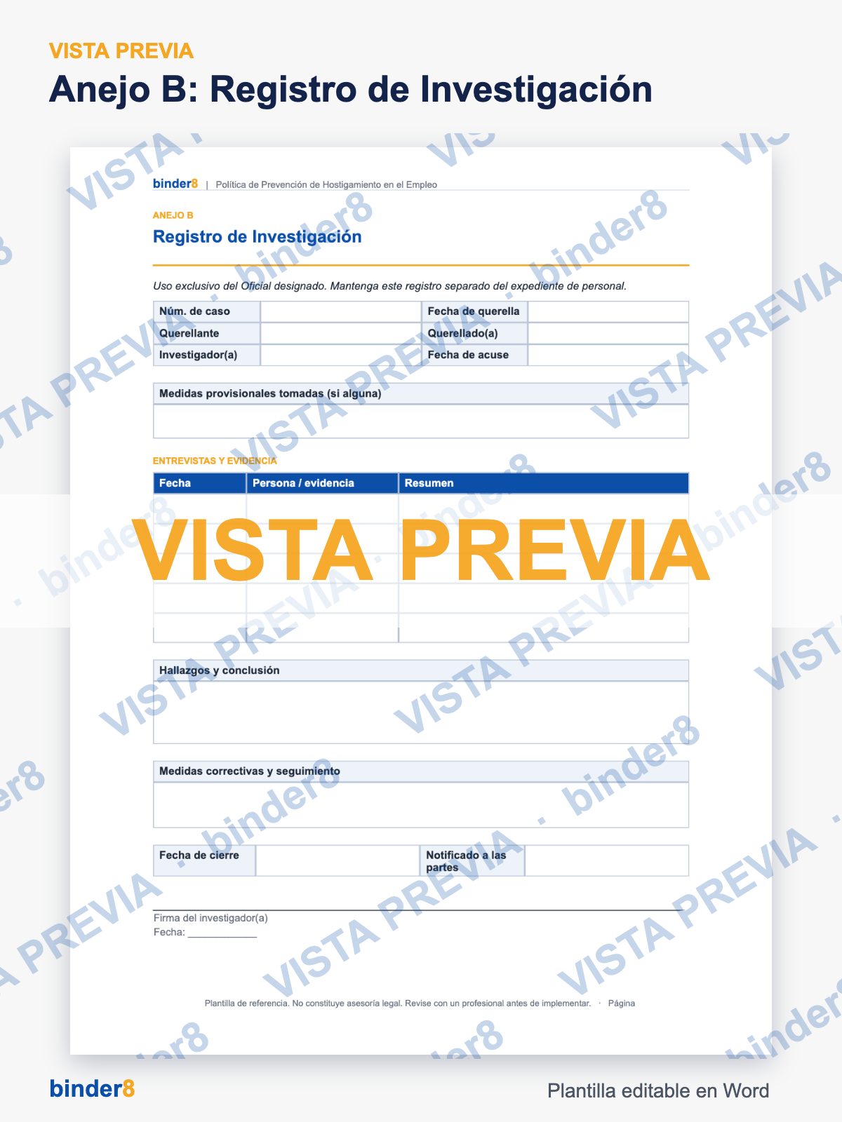 Vista previa con marca de agua: Anejo B, Registro de Investigación – Política de Prevención de Hostigamiento en el Empleo